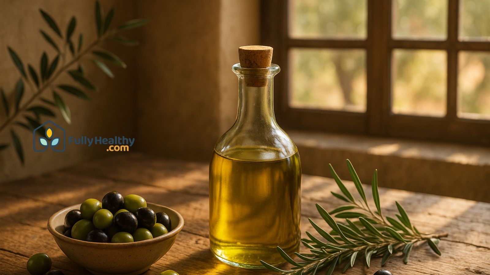 Glass bottle of olive oil and olives on rustic wooden table by window.