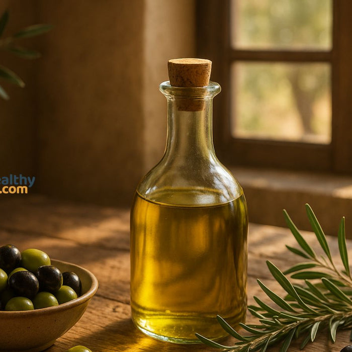 Glass bottle of olive oil and olives on rustic wooden table by window.