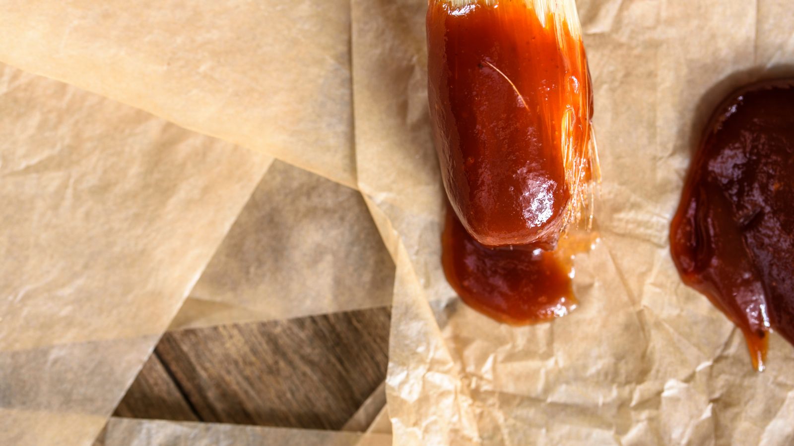 BBQ sauce spread on parchment paper with a basting brush.