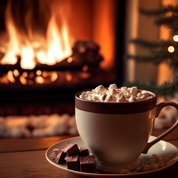 Cup of hot cocoa with marshmallows by a fireplace