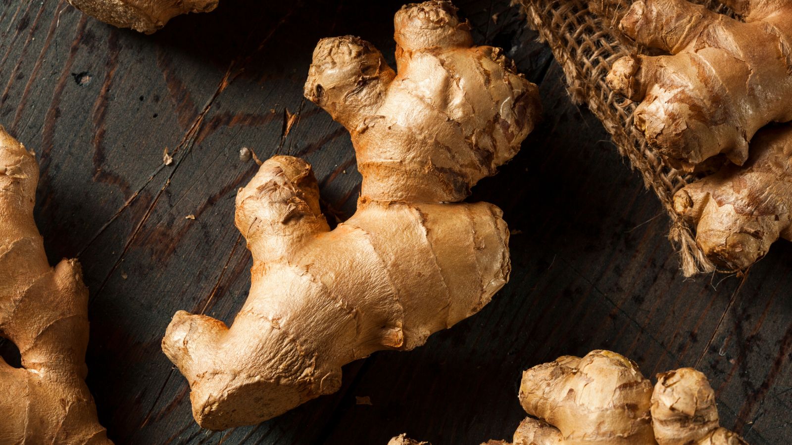 Fresh whole ginger root on rustic wooden table ready for cooking or tea