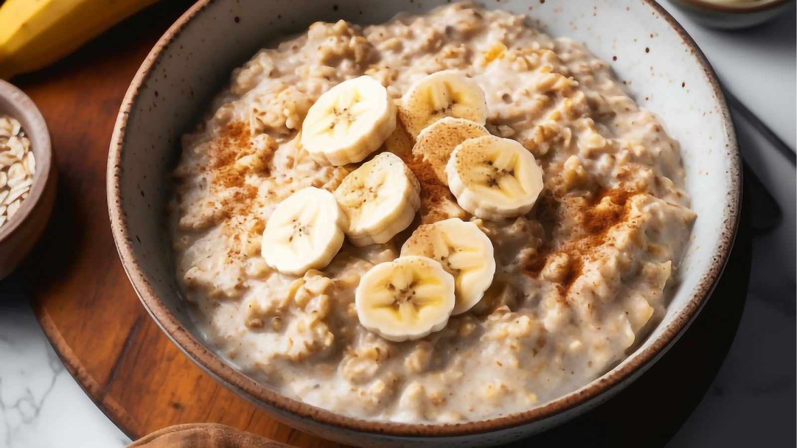 Oatmeal with banana slices and cinnamon in a ceramic bowl.