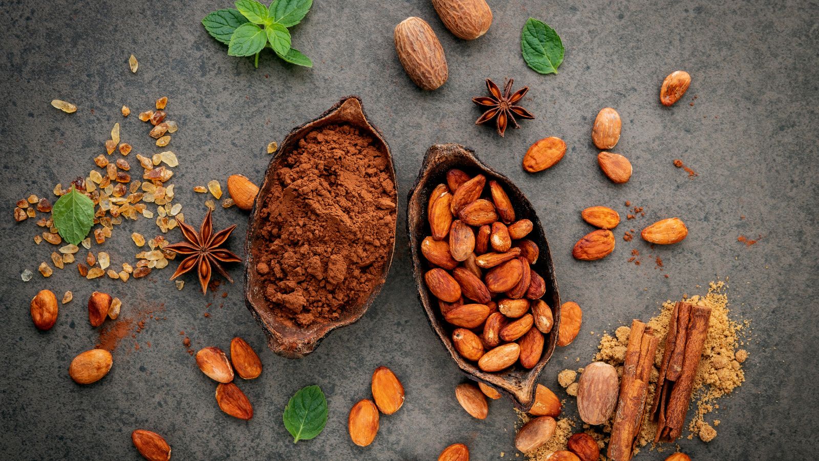 Cocoa powder and roasted cacao beans with spices on a rustic surface.
