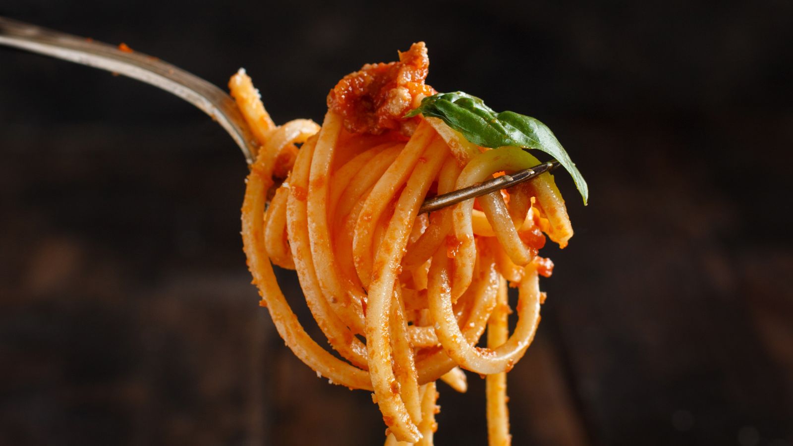 Fork holding spaghetti with marinara sauce and basil leaf close-up