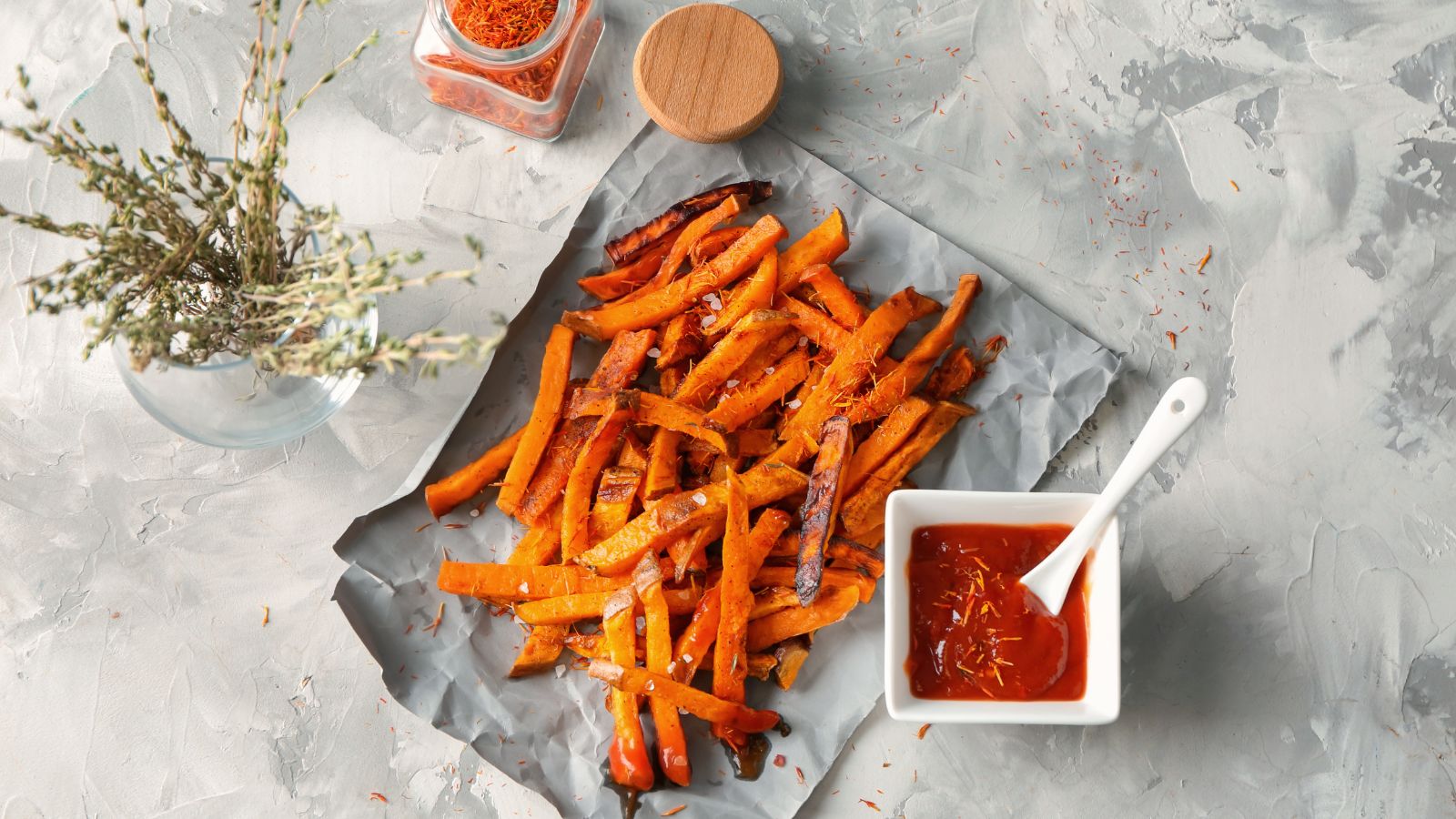 Sweet potato fries on parchment paper with tomato dipping sauce.