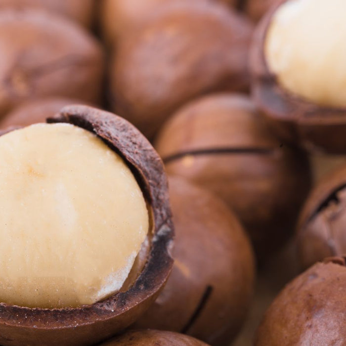 Close-up of macadamia nuts with shell cracked open