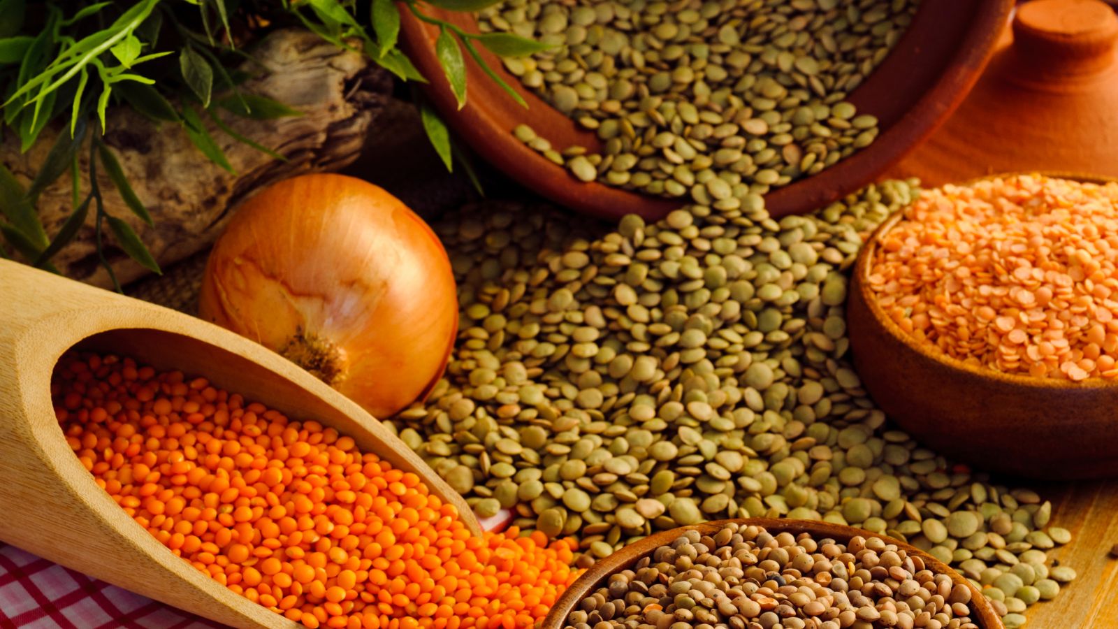 Lentils and onion on table with wooden scoop and clay bowls