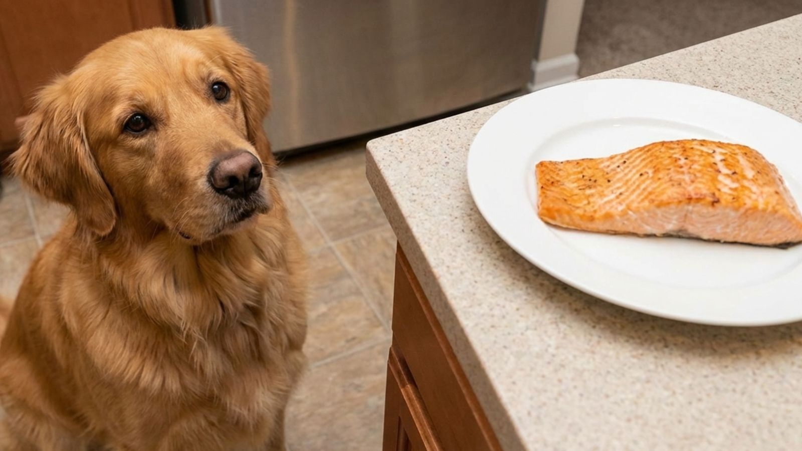 Dog staring at cooked salmon fillet on plate atop kitchen counter