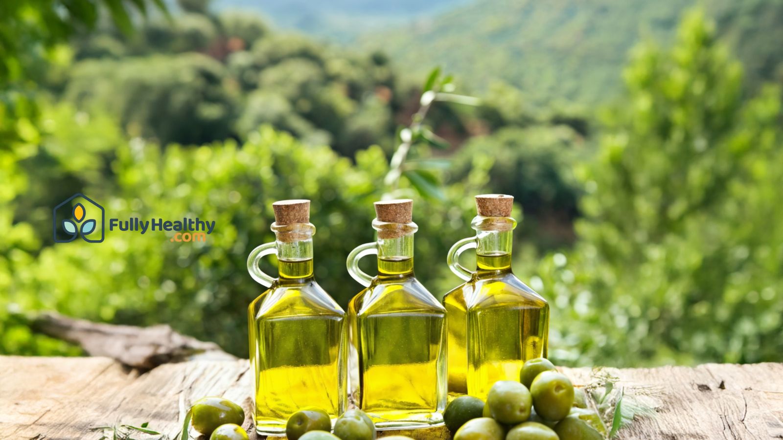 Bottles of olive oil with olives outdoors in natural green background.