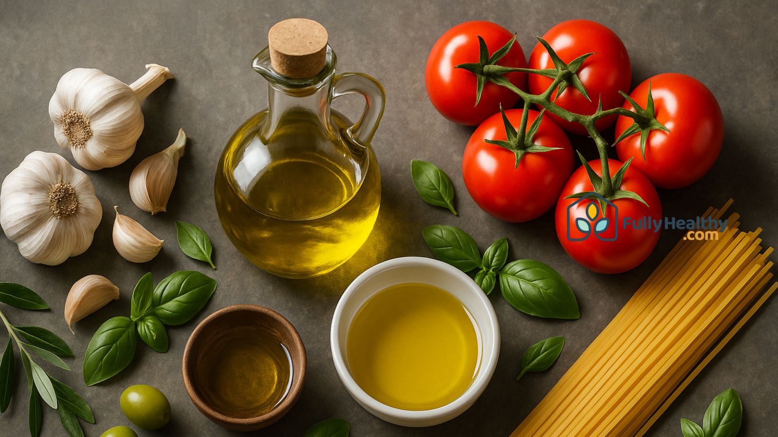 Garlic tomatoes basil and olive oil ingredients for Mediterranean dish.