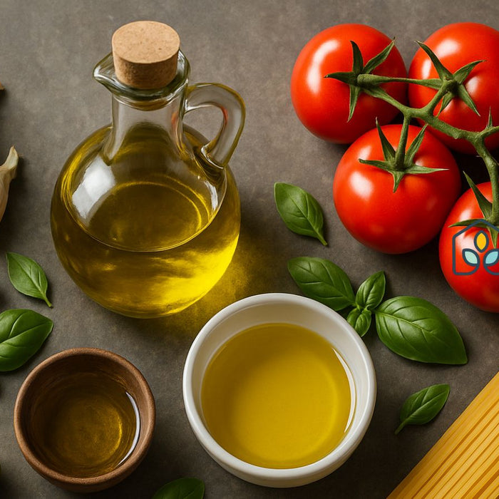 Garlic tomatoes basil and olive oil ingredients for Mediterranean dish.