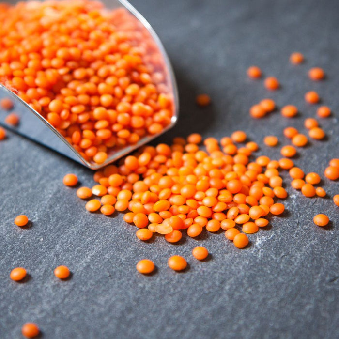 Red lentils spilling from silver scoop on dark stone surface