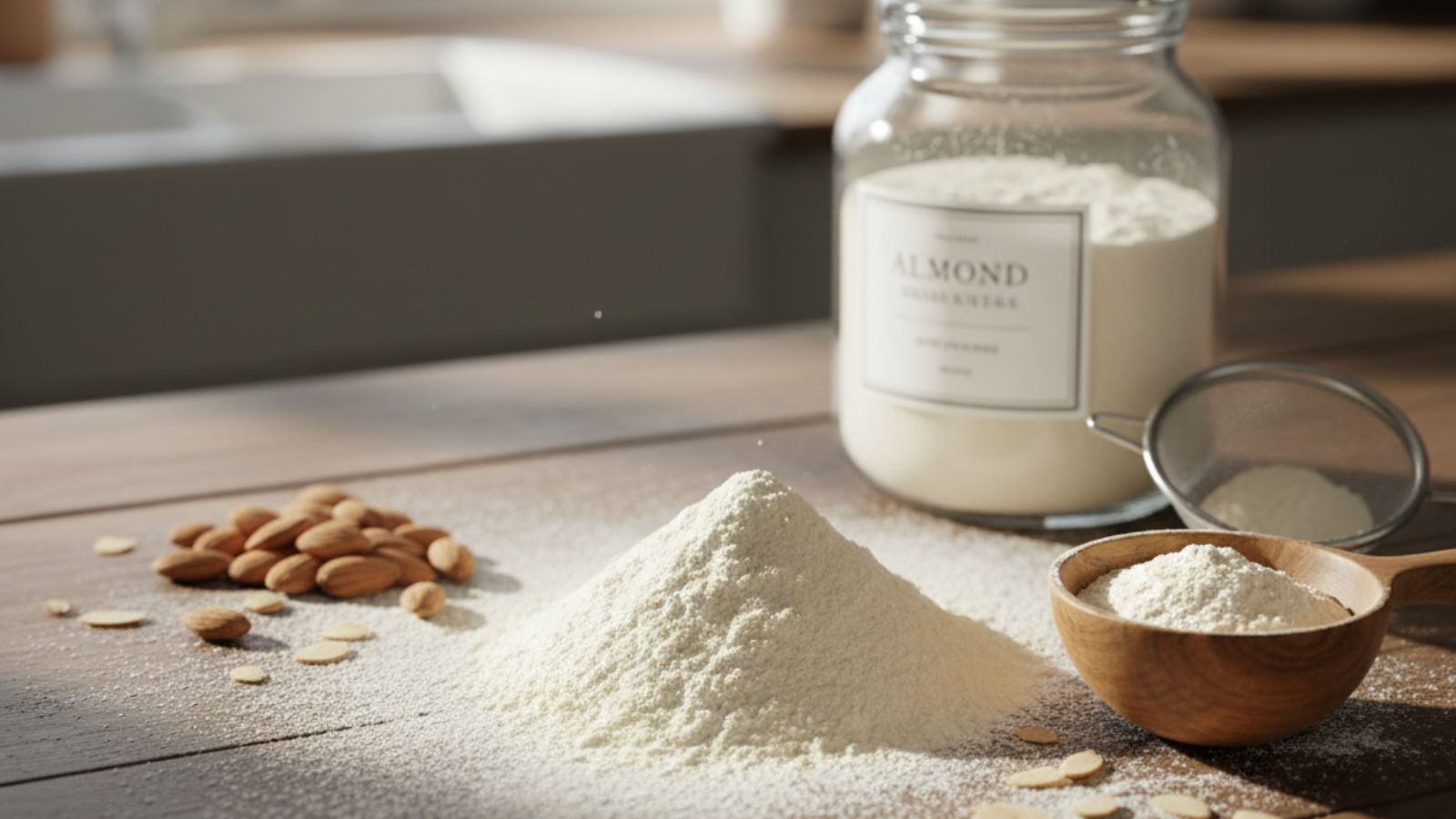 Almond flour with whole almonds on rustic kitchen table