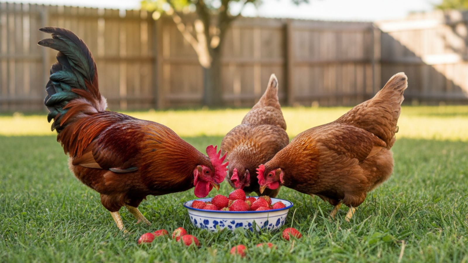 Chickens pecking strawberries from a bowl on grass in backyard