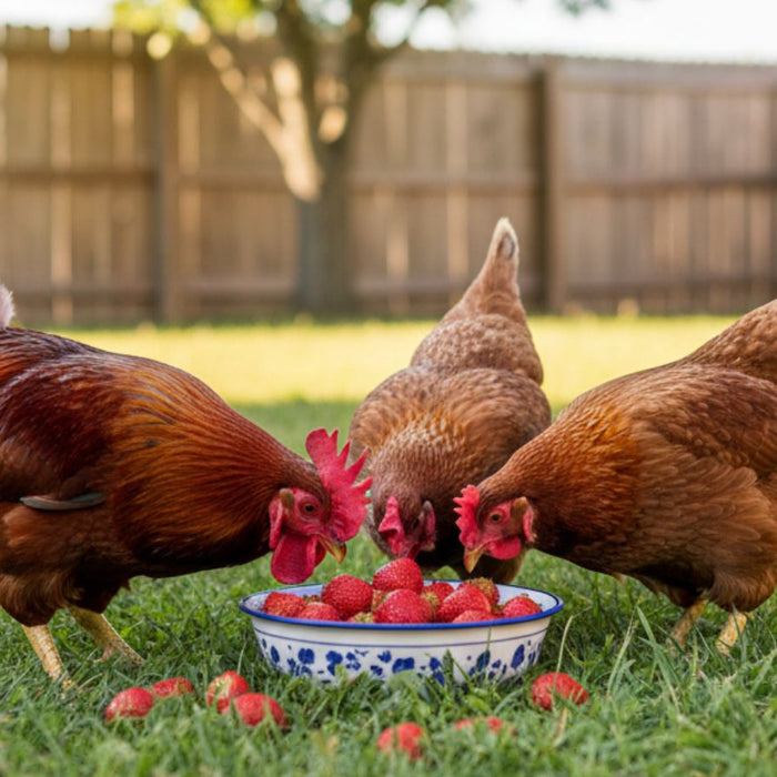 Chickens pecking strawberries from a bowl on grass in backyard