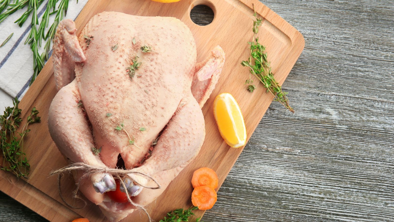 Uncooked whole turkey seasoned with herbs on a wooden cutting board