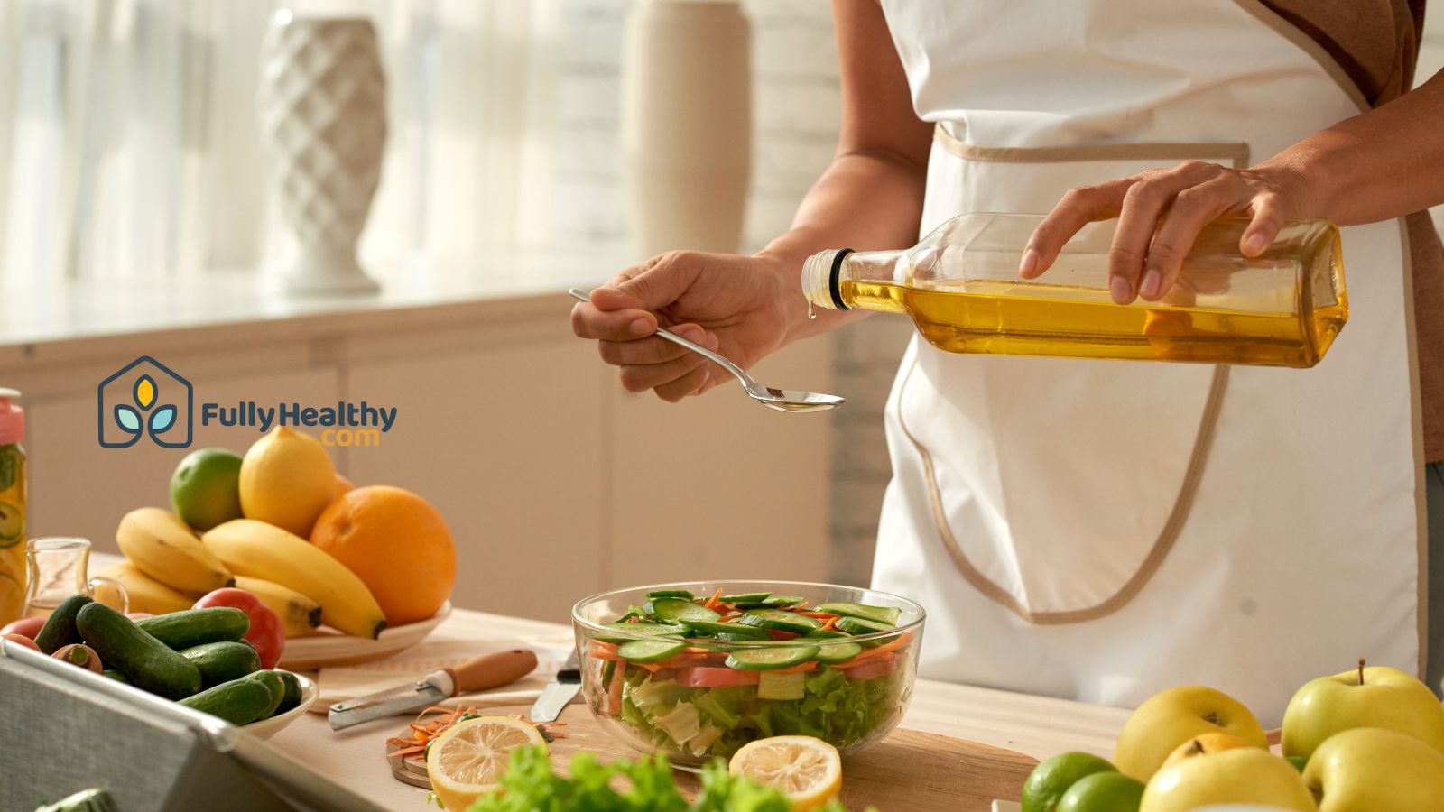 Person pouring olive oil into spoon to make fresh vegetable salad.