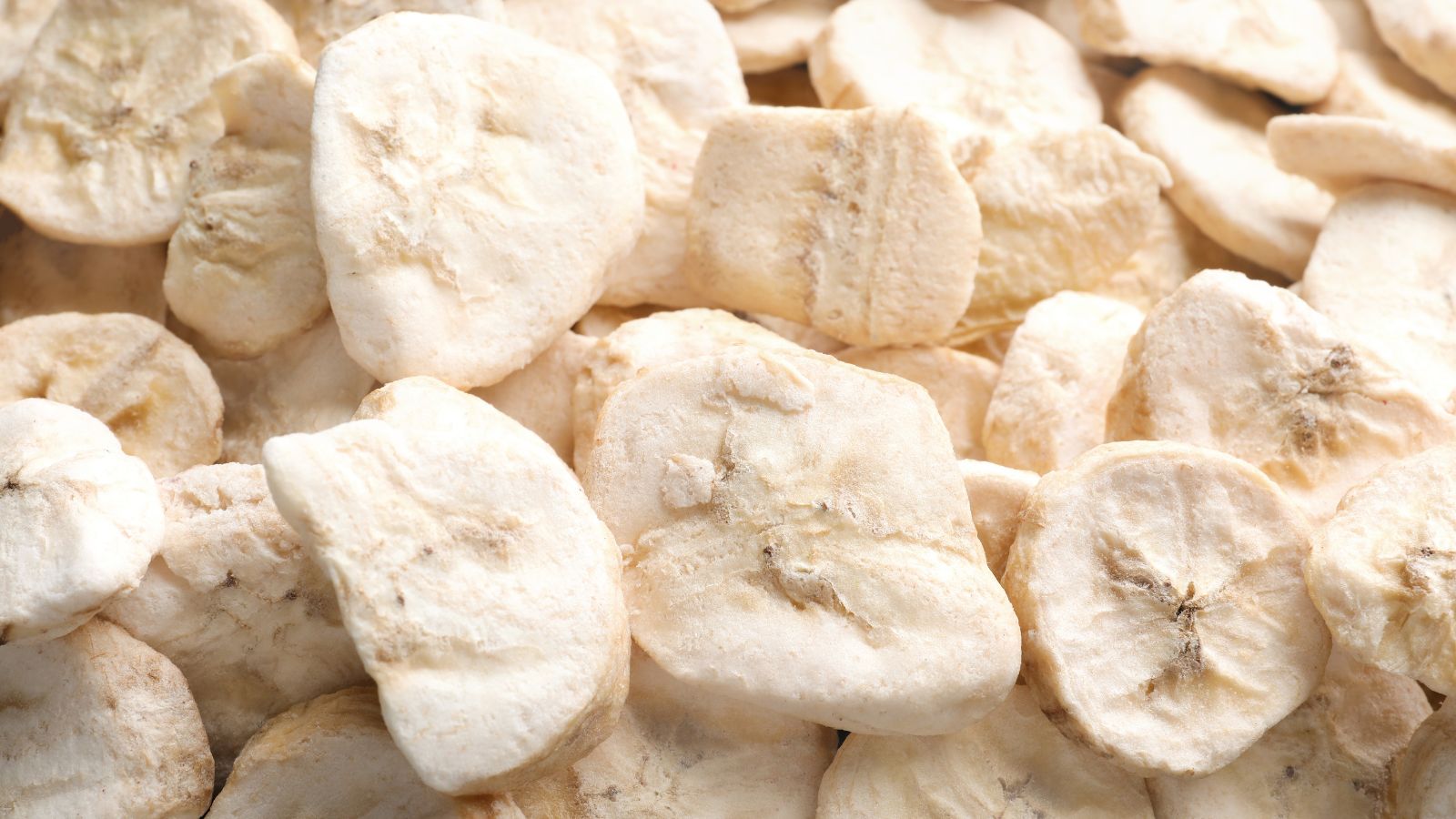 Close-up of freeze-dried banana slices with a crisp texture.