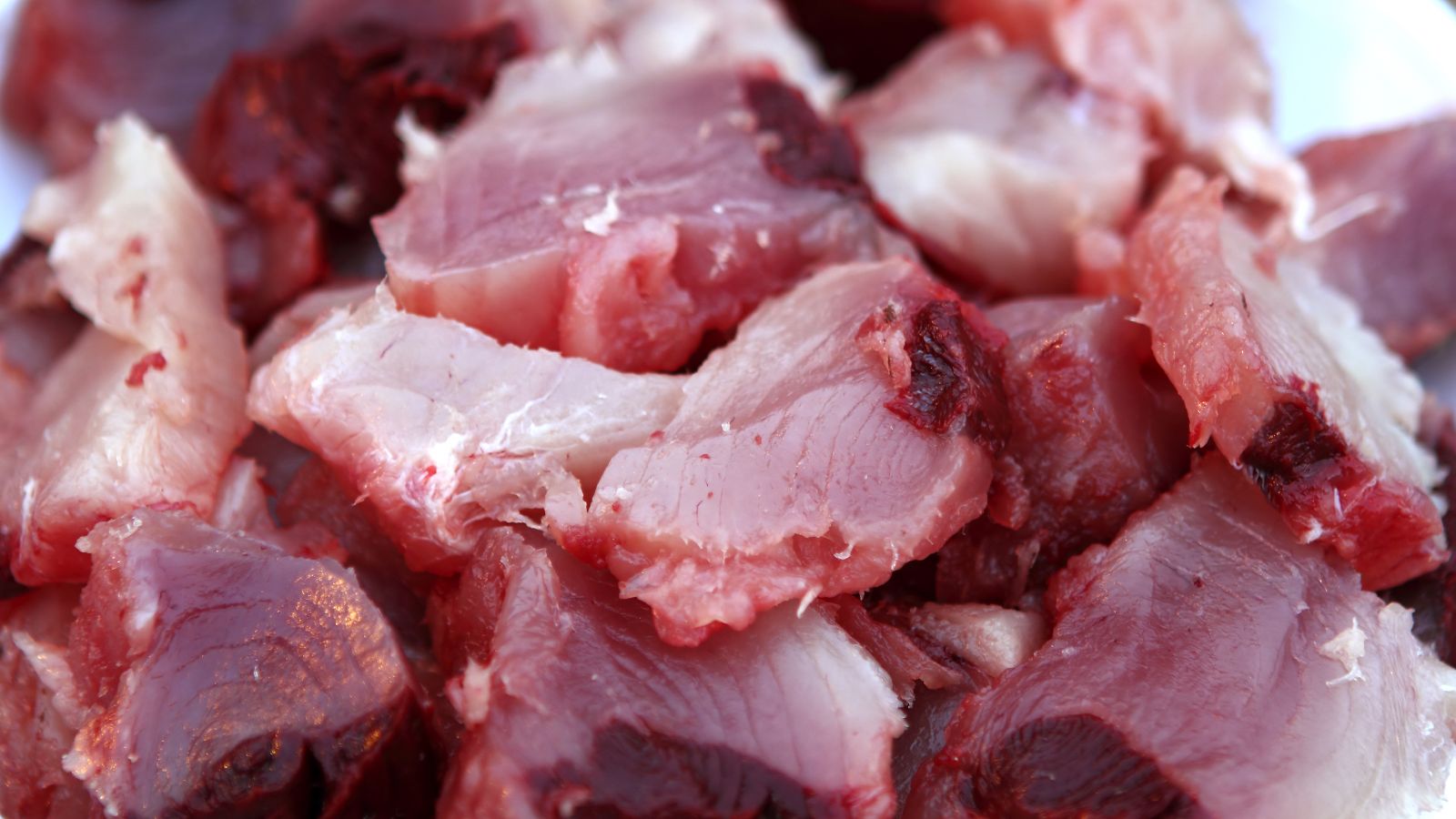 Raw chopped pieces of albacore tuna displayed in a close-up view.