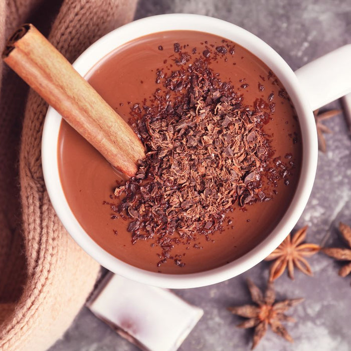 Mug of thick hot chocolate with cinnamon stick and chocolate shavings