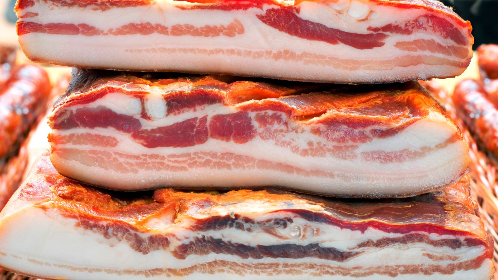 Thick slabs of smoked bacon stacked on a wooden cutting board.