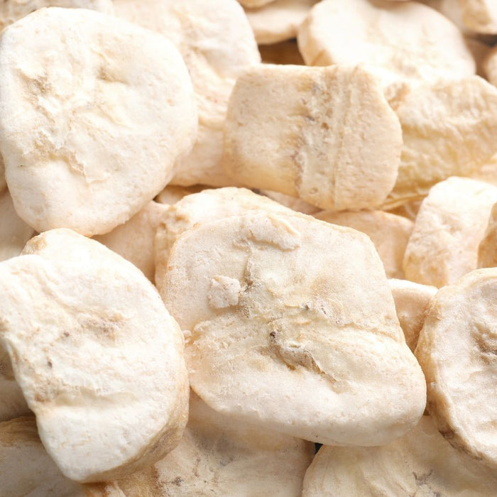 Close-up of freeze-dried banana slices with a crisp texture.
