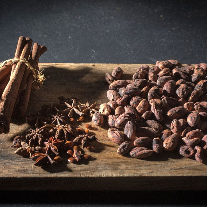 Cinnamon sticks and cacao beans on a rustic wooden board in dim light.