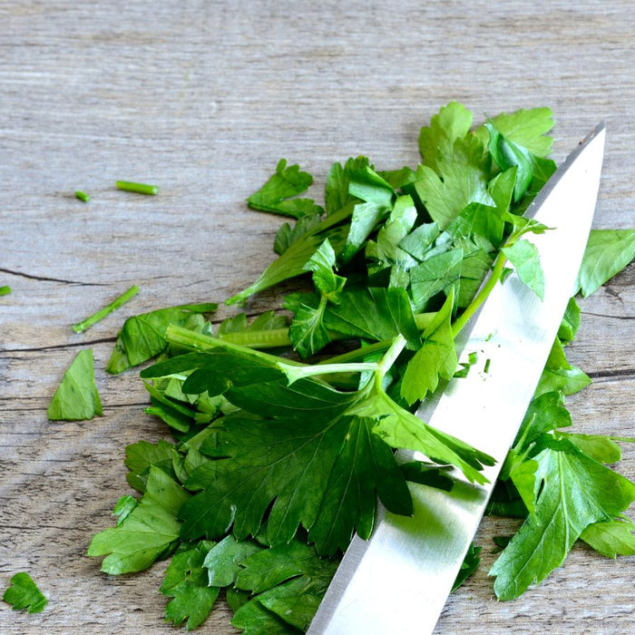 Chopped fresh parsley with knife on wooden cutting board.