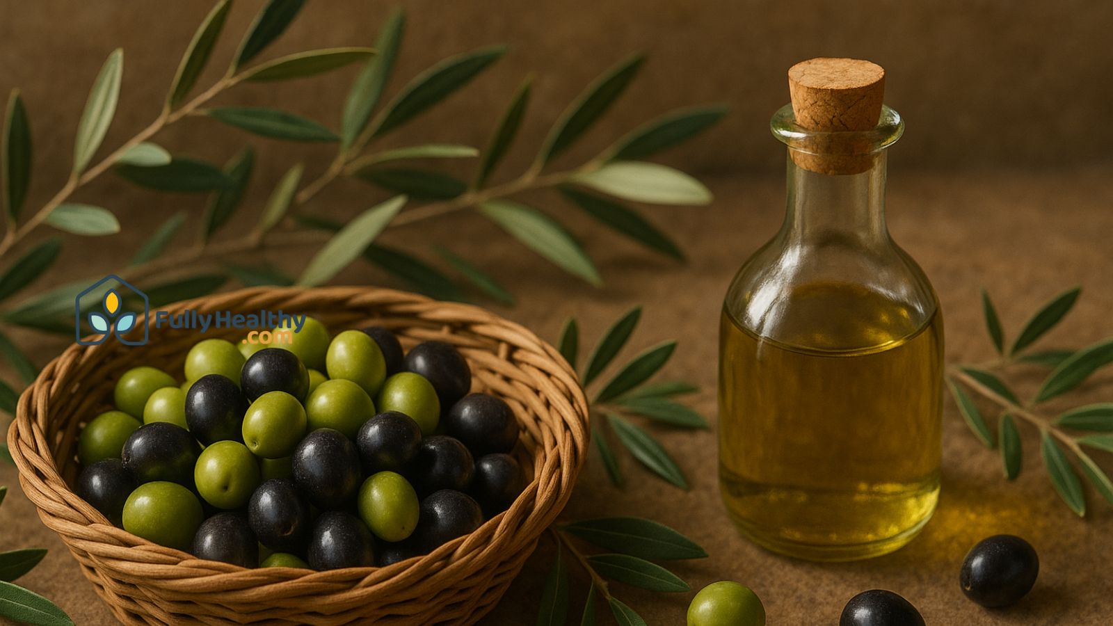 Basket of green and black olives with bottle of olive oil and leaves.