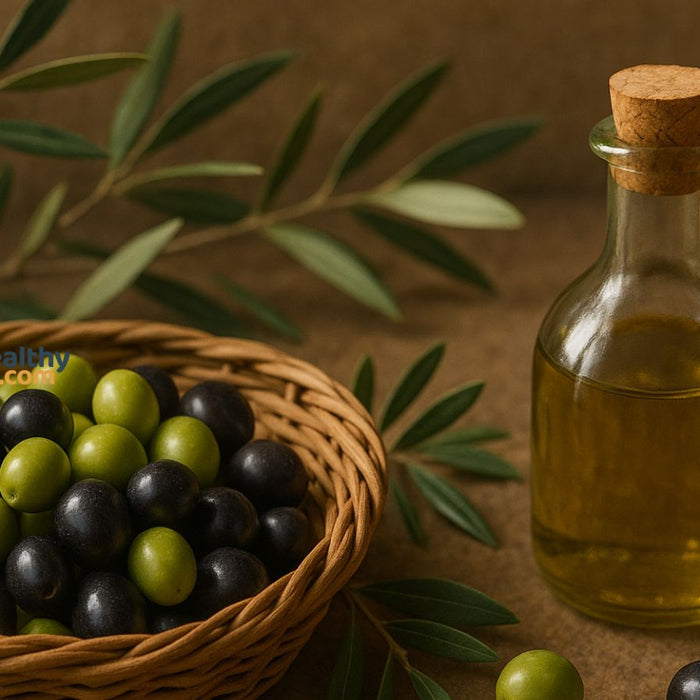 Basket of green and black olives with bottle of olive oil and leaves.