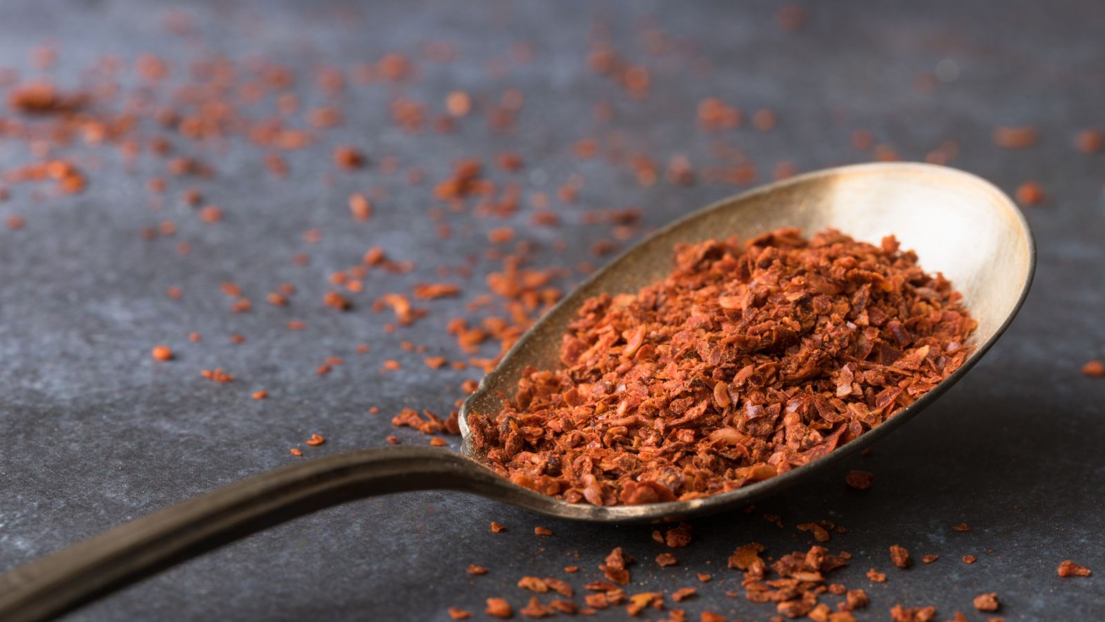 Dried crushed aleppo pepper on a metal spoon against dark surface.