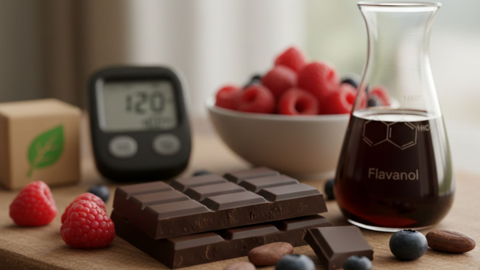 Dark chocolate, berries, flavanol extract, and glucometer on table
