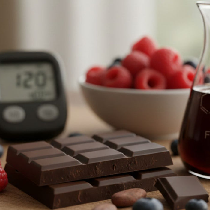 Dark chocolate, berries, flavanol extract, and glucometer on table