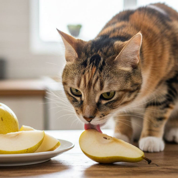 Cat licking sliced pear on plate on kitchen table