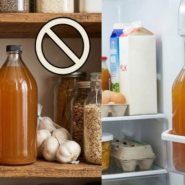 Apple cider vinegar stored in fridge, not pantry, beside milk and eggs