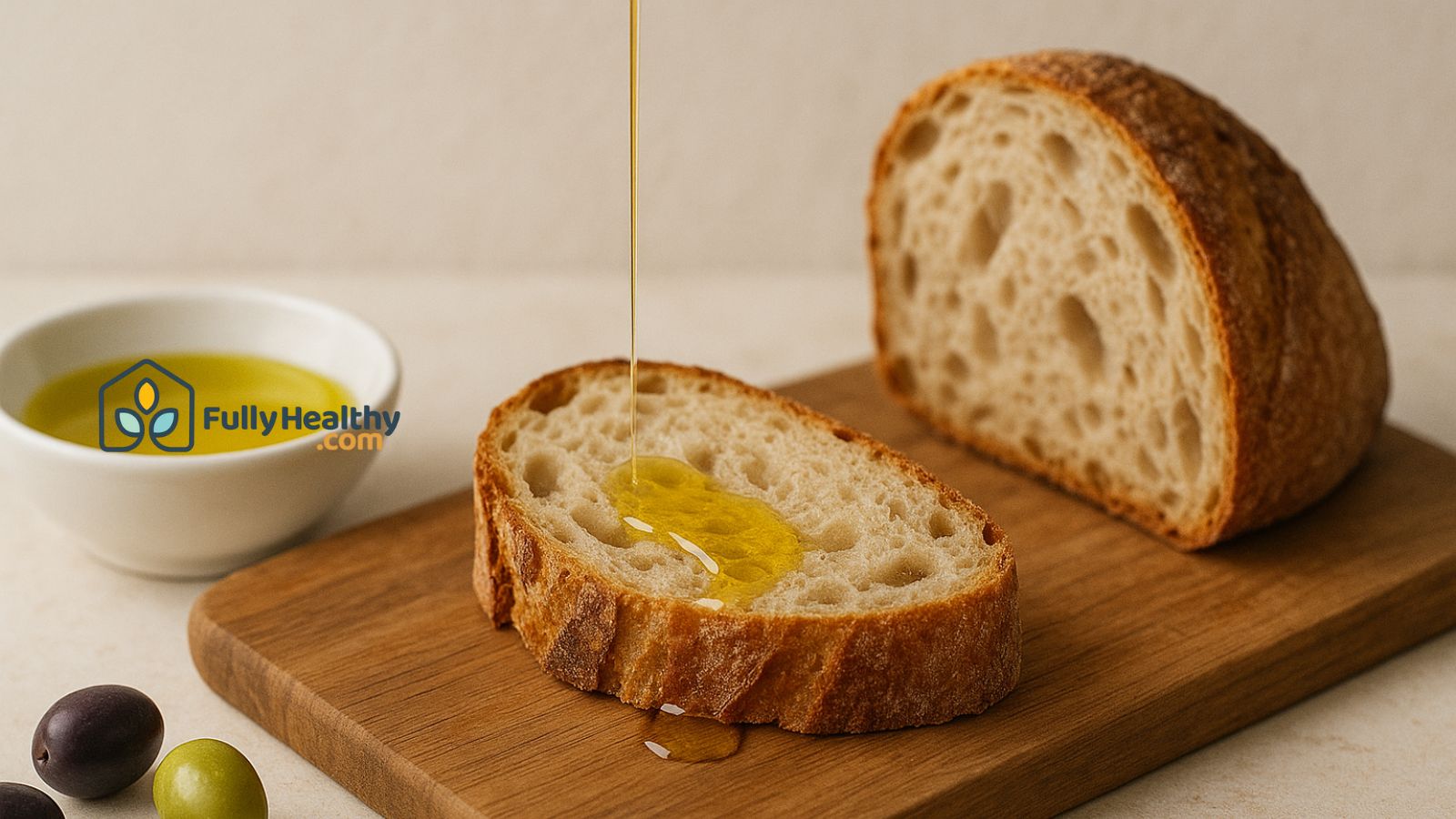 Olive oil being poured on fresh bread slice on wooden cutting board.