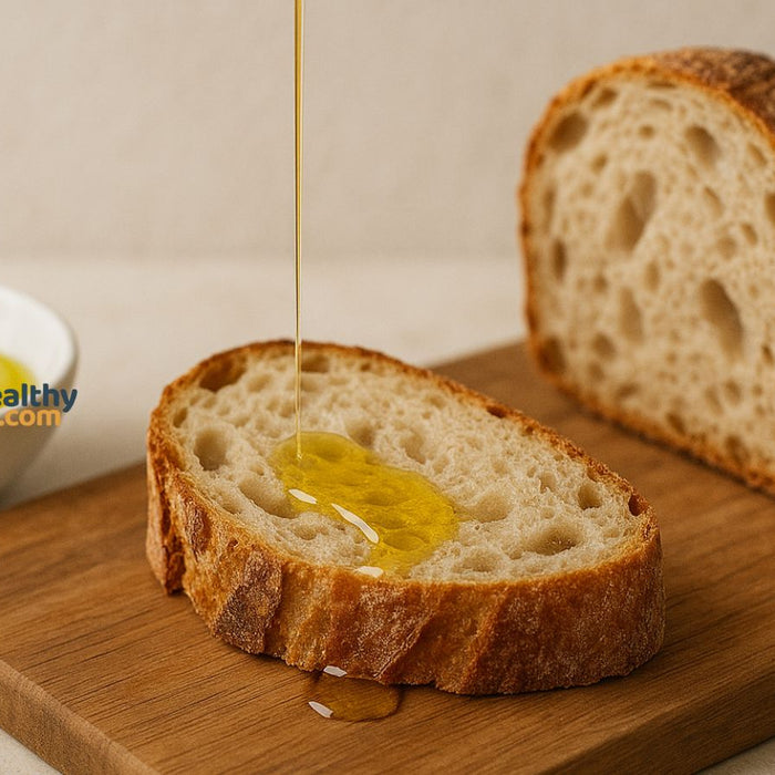 Olive oil being poured on fresh bread slice on wooden cutting board.