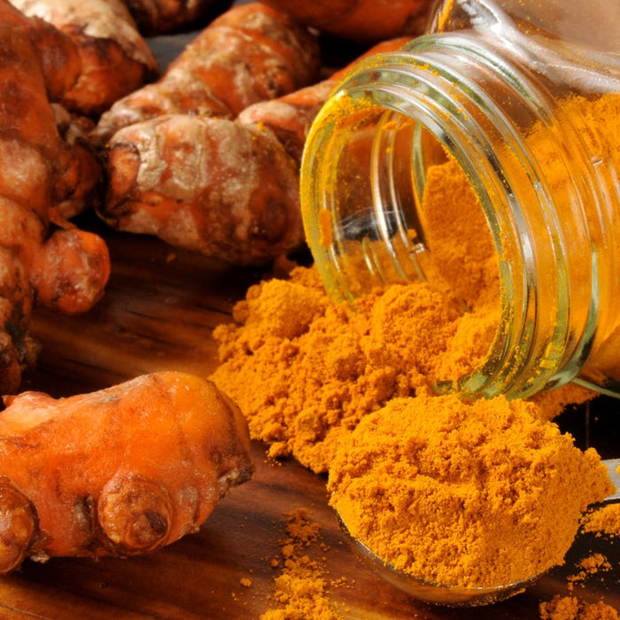 Turmeric roots and powder spilling from jar onto wooden surface