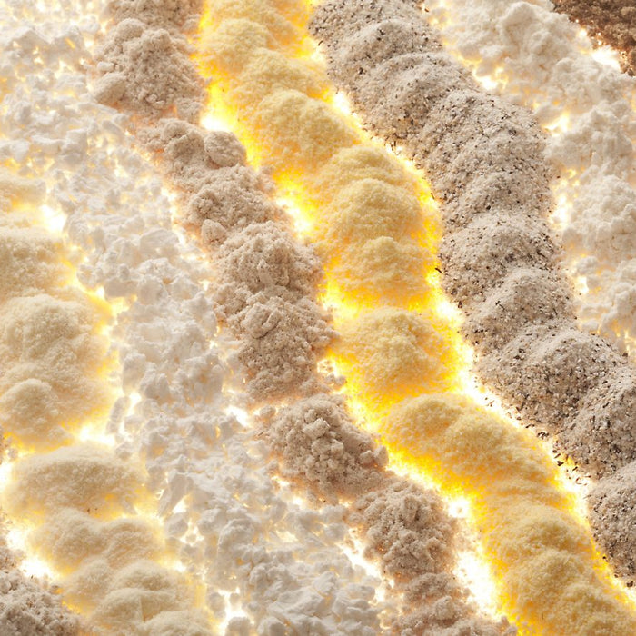 Assorted powdered ingredients in colorful parallel rows.