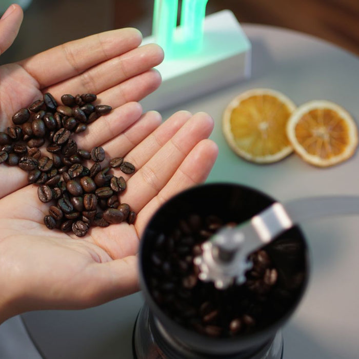 Hands holding coffee beans above a manual coffee grinder.