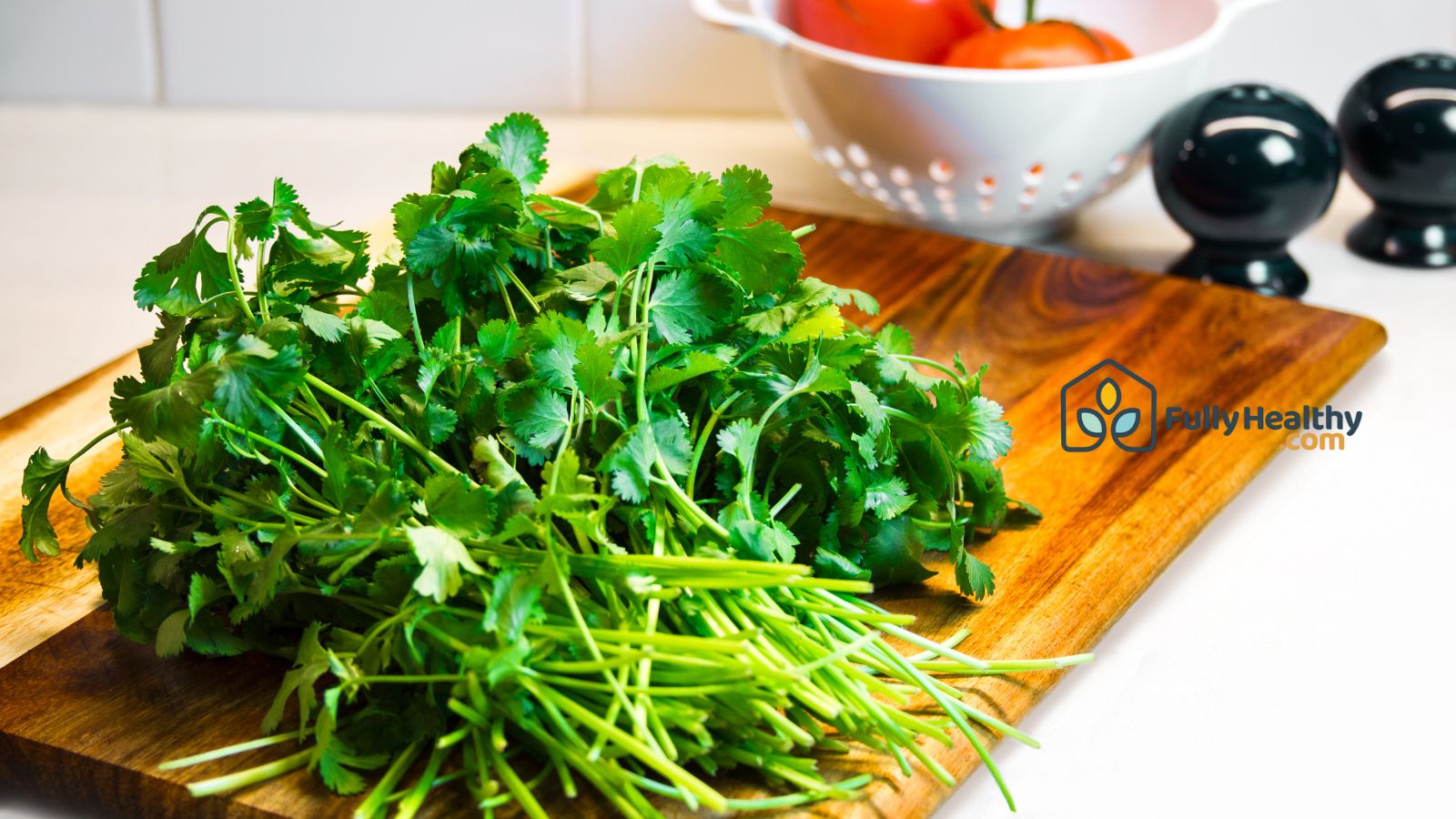 Fresh cilantro bunch on wooden board ready for healthy cooking