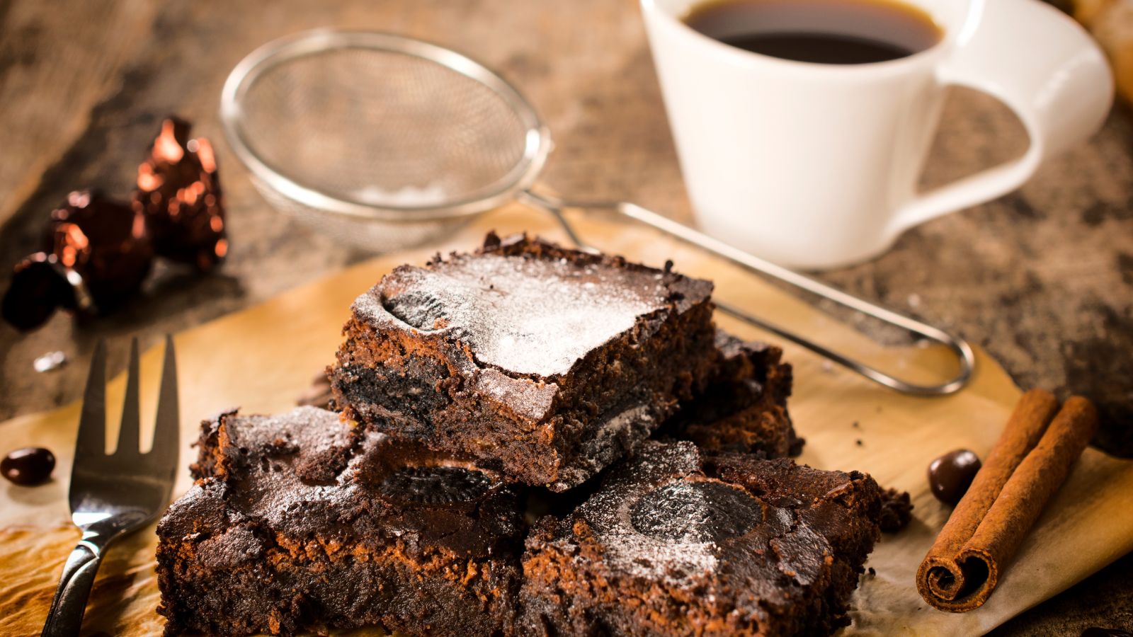 Chocolate brownies served with coffee, dusted with powdered sugar