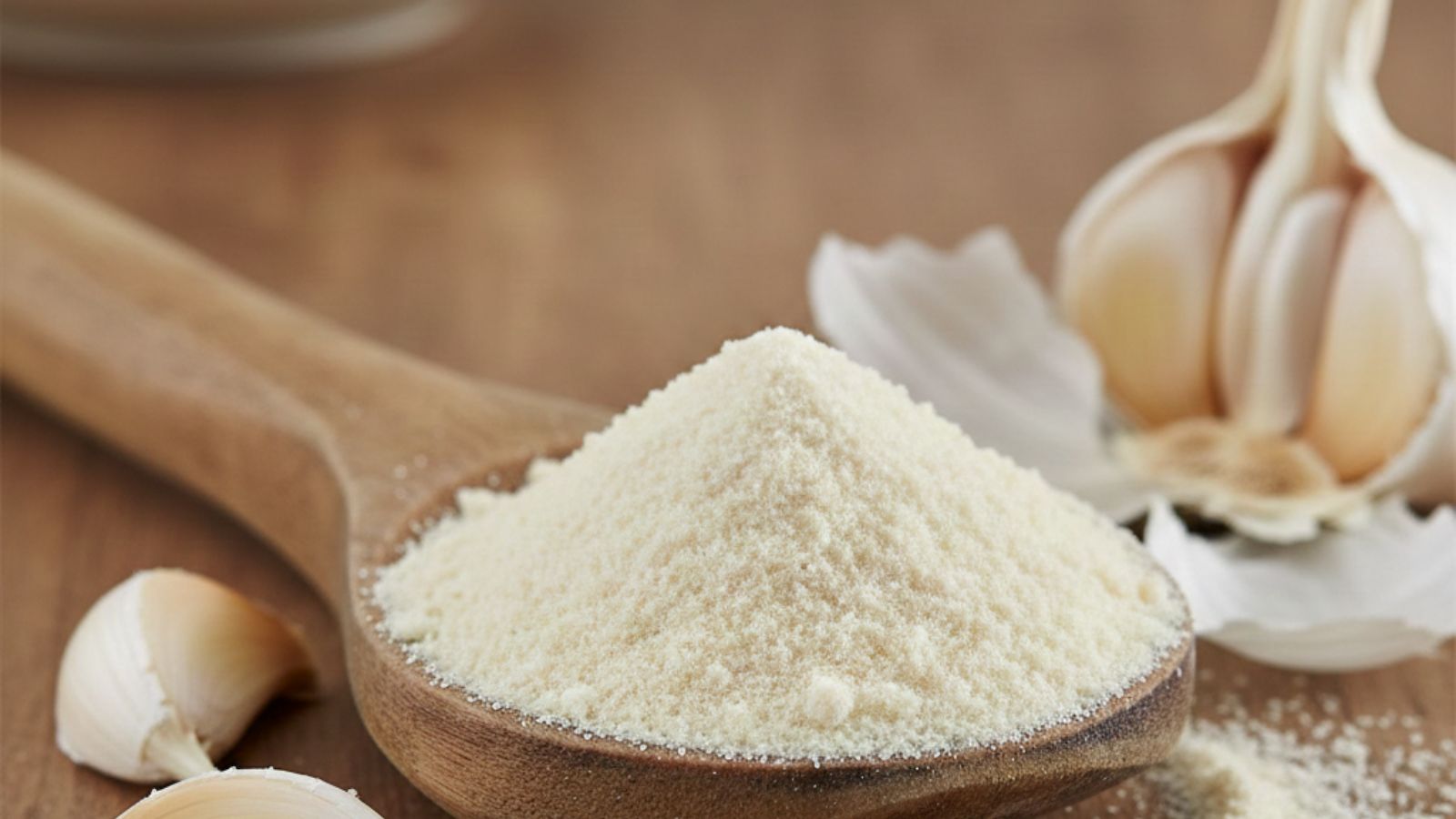 Wooden spoon filled with garlic powder beside fresh garlic cloves