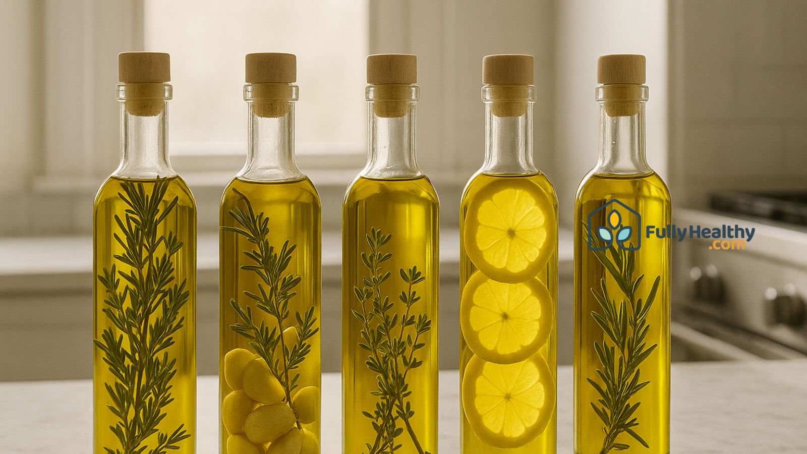 Bottles of infused olive oil with herbs and lemon slices in kitchen.
