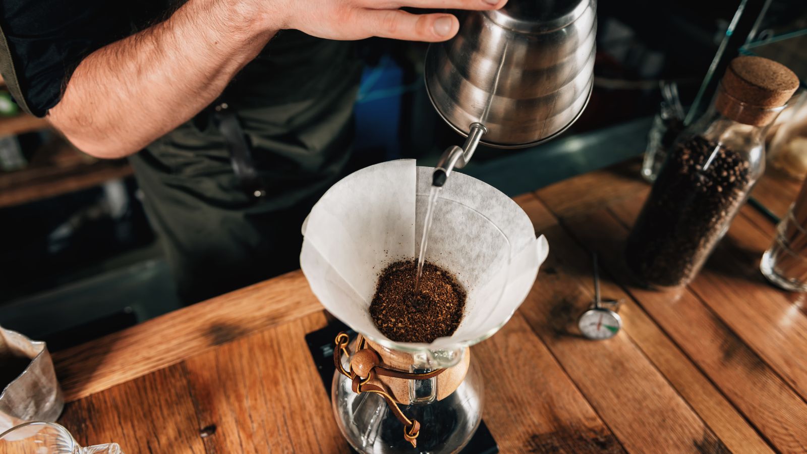 Pour-over coffee being brewed with a gooseneck kettle