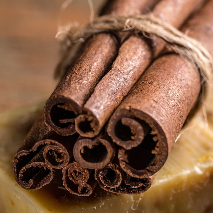 Dark cinnamon sticks tied with twine on a soap bar.