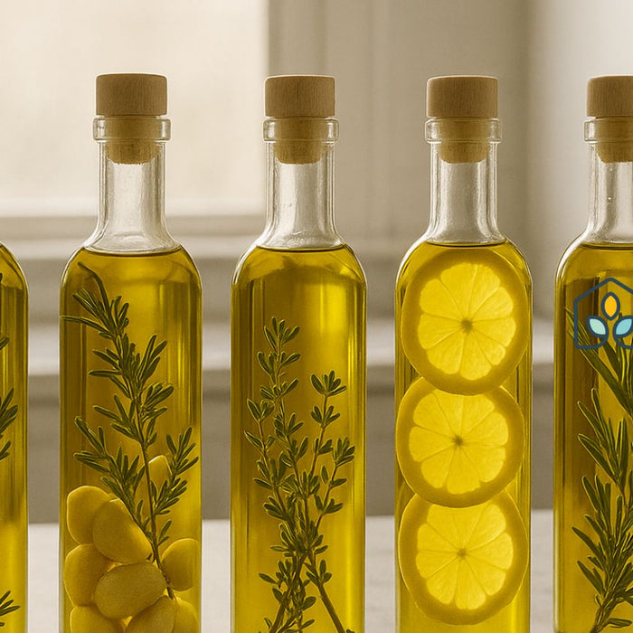 Bottles of infused olive oil with herbs and lemon slices in kitchen.