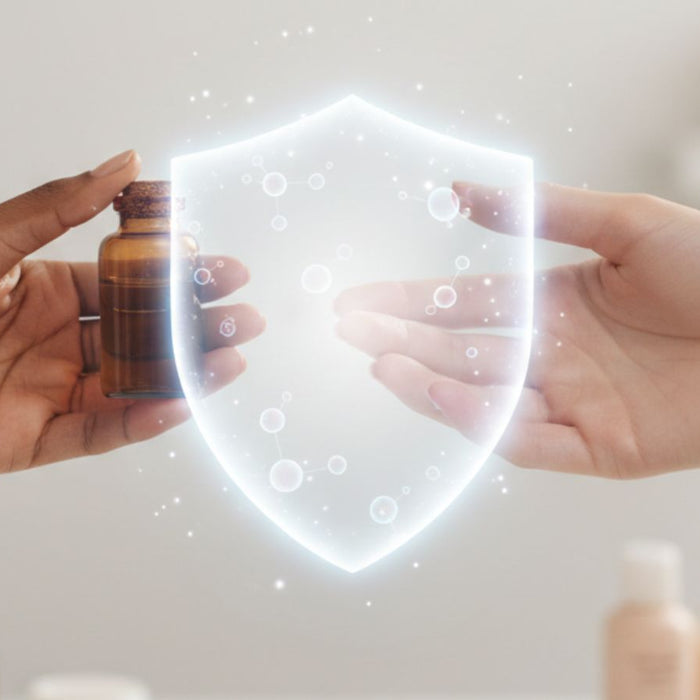 Hands exchanging glutathione bottle with immune shield