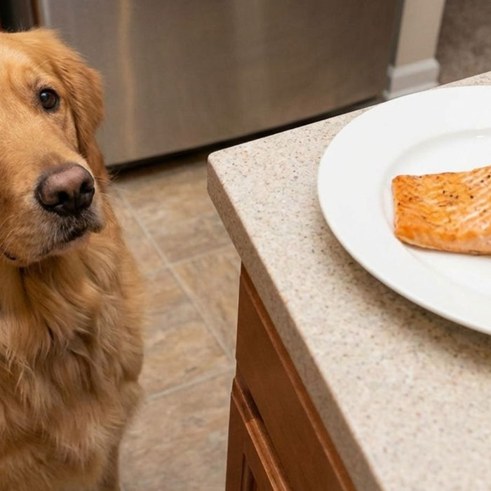 Dog staring at cooked salmon fillet on plate atop kitchen counter
