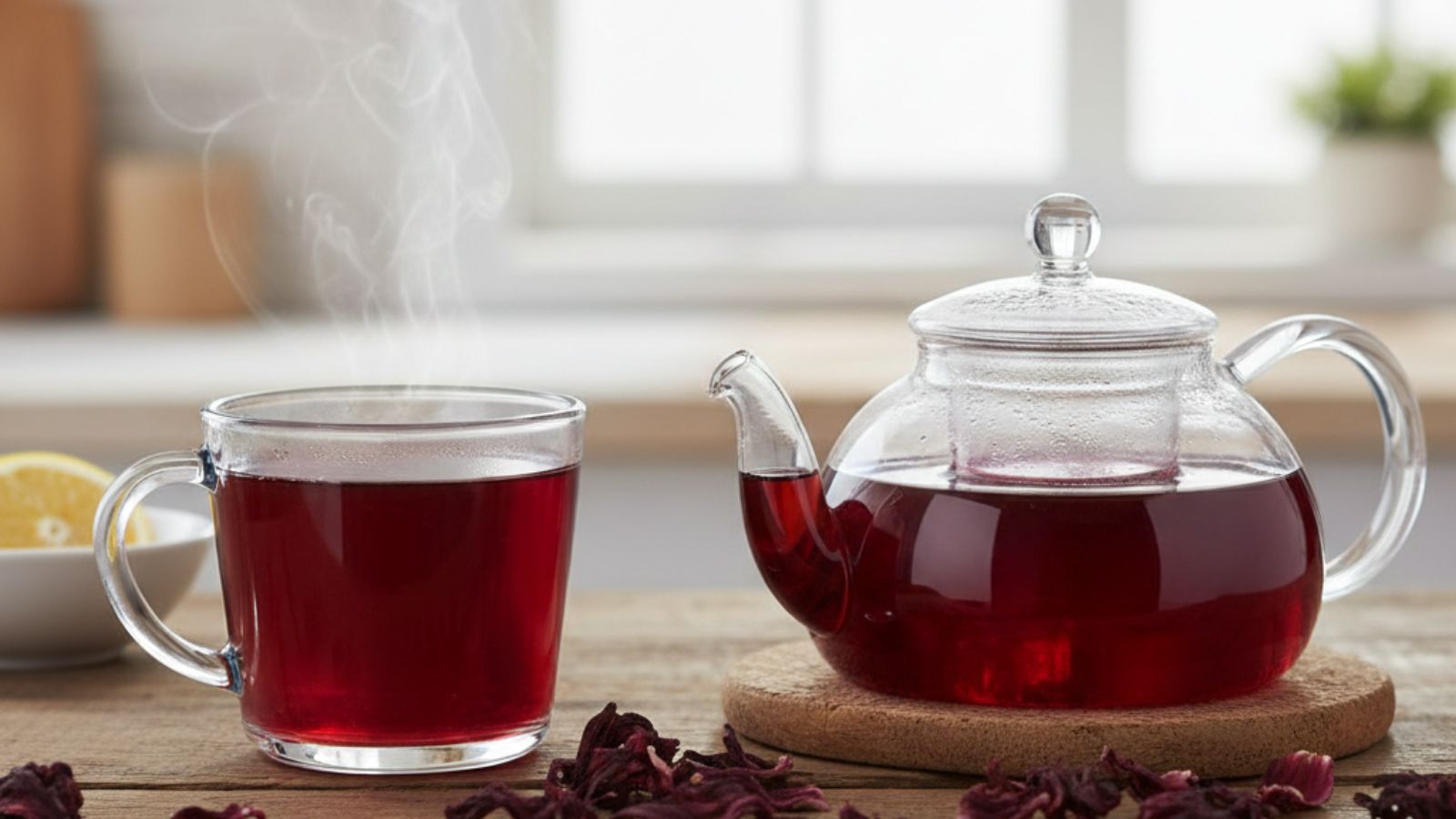 Steaming cup and glass teapot filled with hibiscus tea